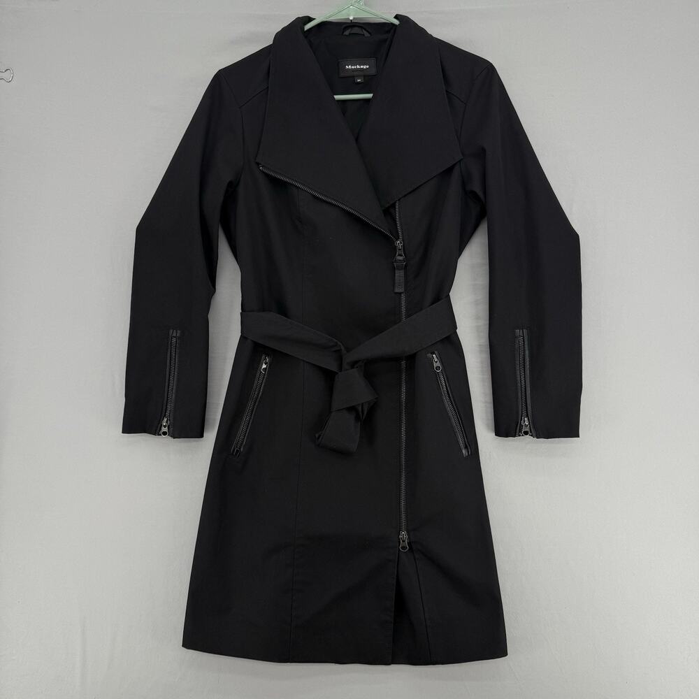 Mackage Trench Coat Women’s Size S Black Leather Zip Belted Asymmetrical Jacket